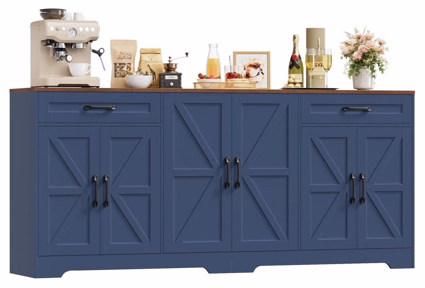 Credenza larga 180 cm con piano di lavoro, 6 ante, 2 cassetti, colore blu, dimensioni 180x87x34 cm