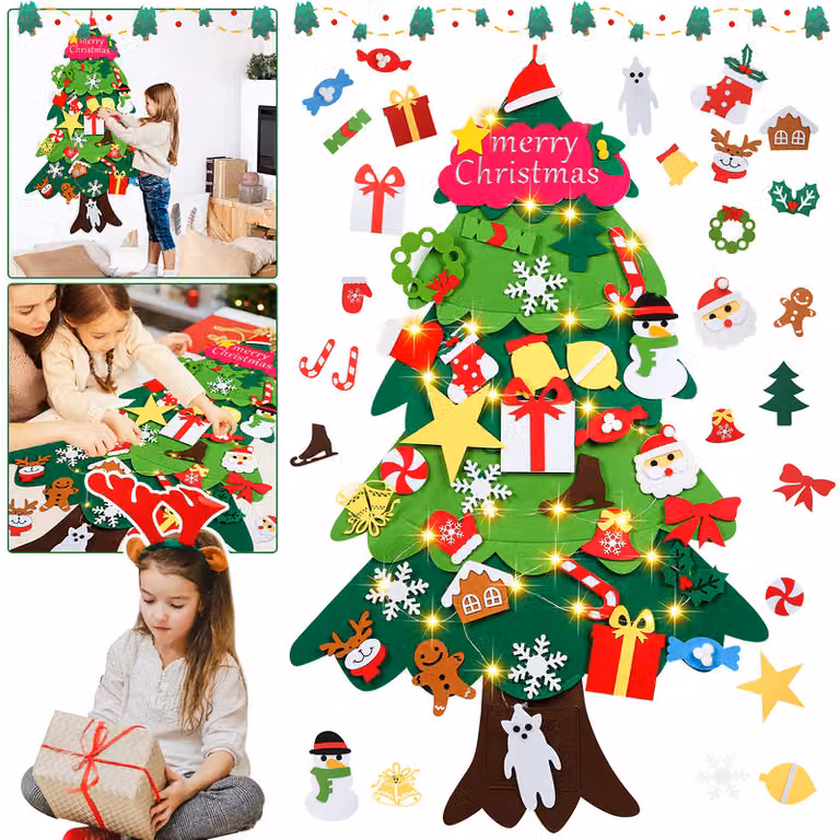 Jopassy Feltro Albero di Natale fai da te LED Albero di Natale 105cm fai da te Set di Natale appeso Replica per bambini Regalo di Natale con 32 ornamenti
