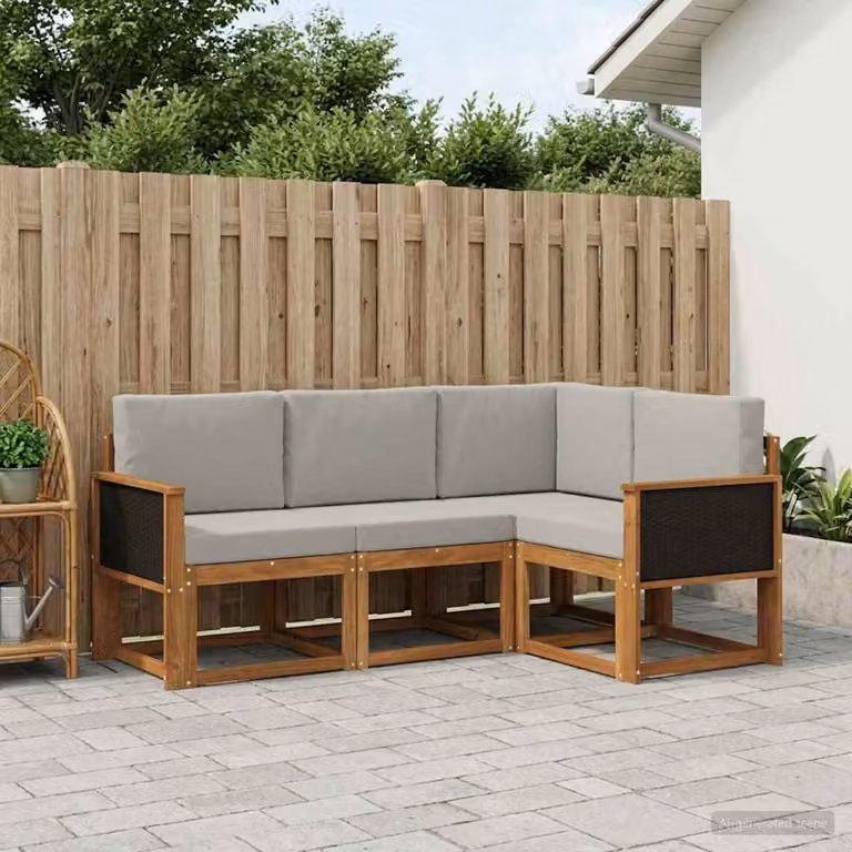 Set di divani da esterno vidaXL a forma di L in legno di acacia con cuscini, beige e grigio