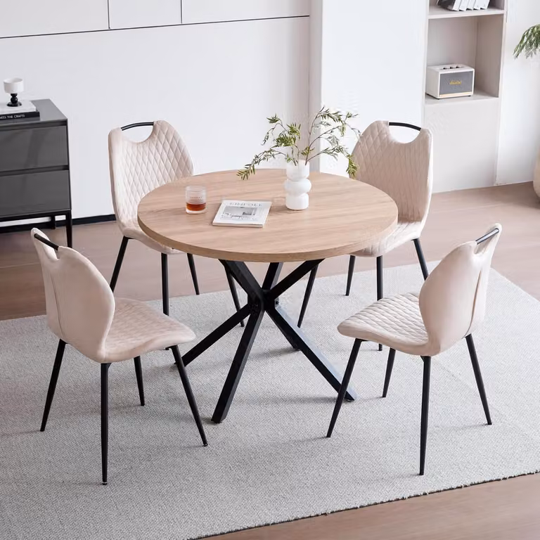 Set per sala da pranzo: tavolo rotondo con 4 sedie, legno chiaro, finitura beige, diametro 100 cm