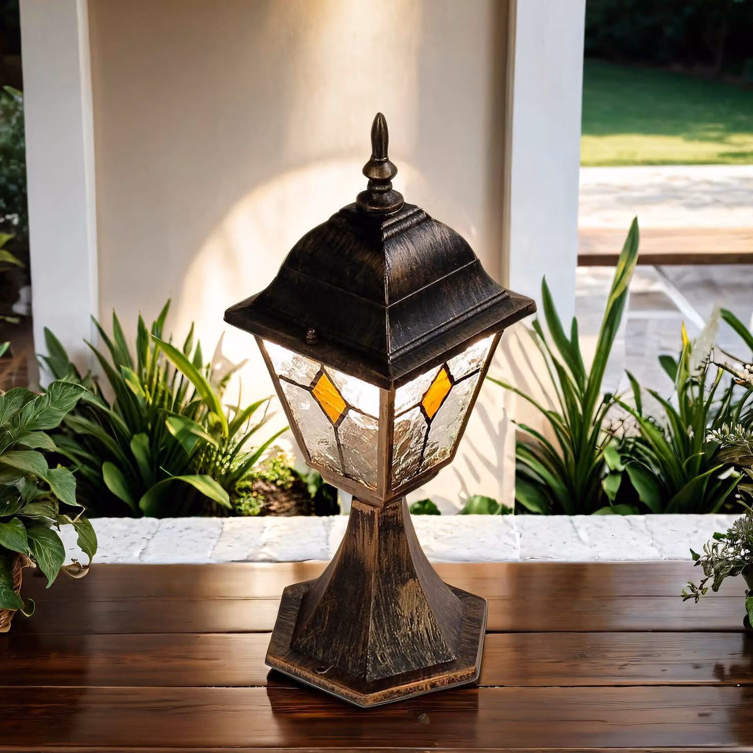 Lampada da terra per esterni IP44 rame antico E27 42 cm metallo alluminio vetro piombo ottico rustico giardino luce sentiero