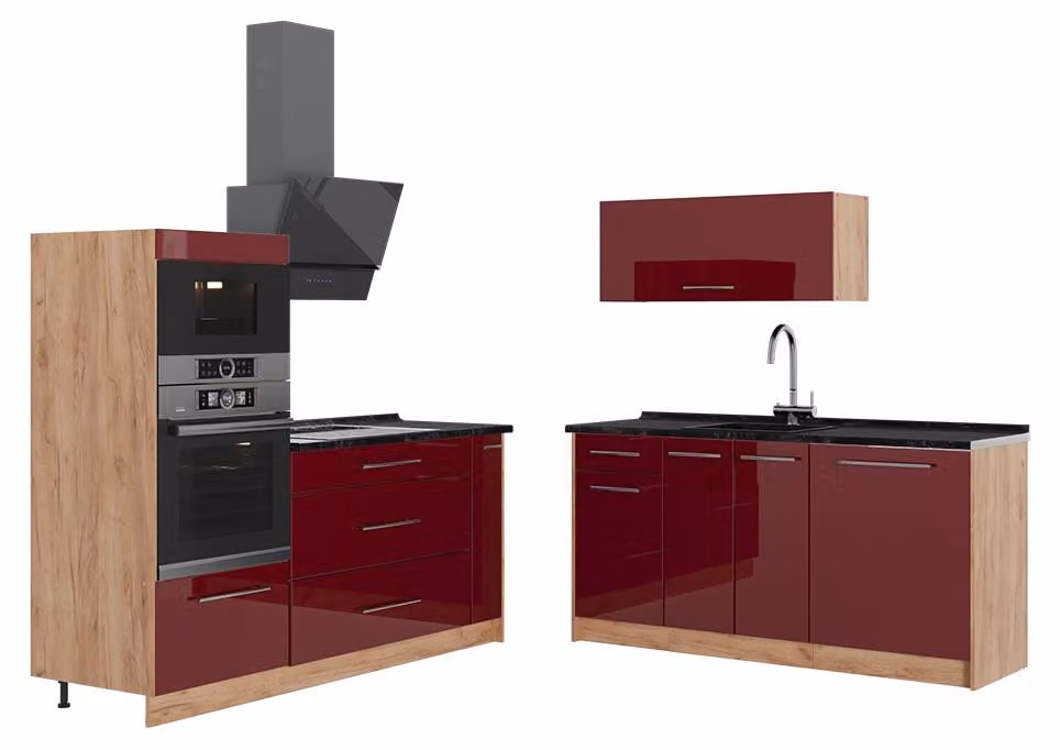Cucina Vicco Fame-Line Bordeaux lucido/Rovere dorato 340 cm, PL Antracite, Model 63709