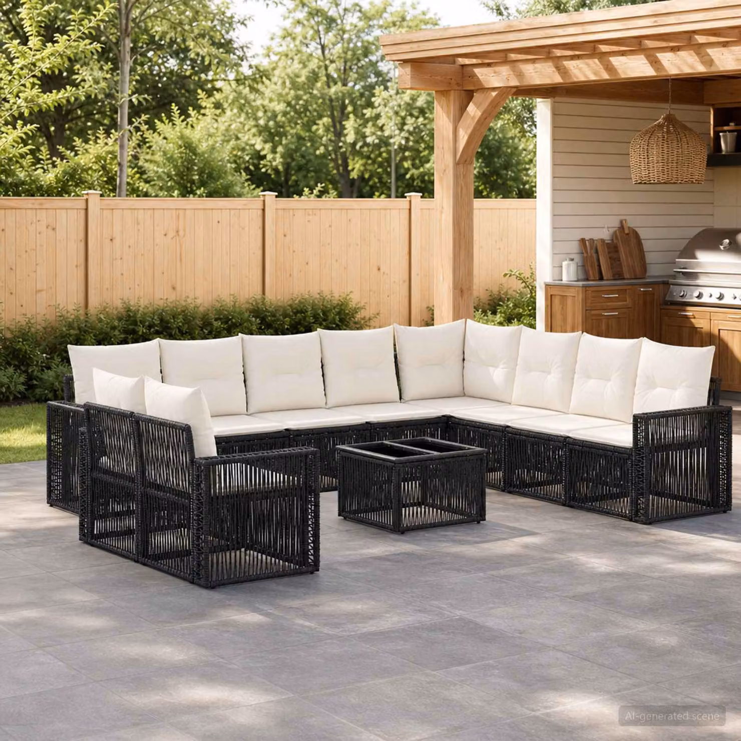 Set Divano da Giardino vidaXL 11 pz a forma di U con Tavolino, Colore Nero e Bianco Crema