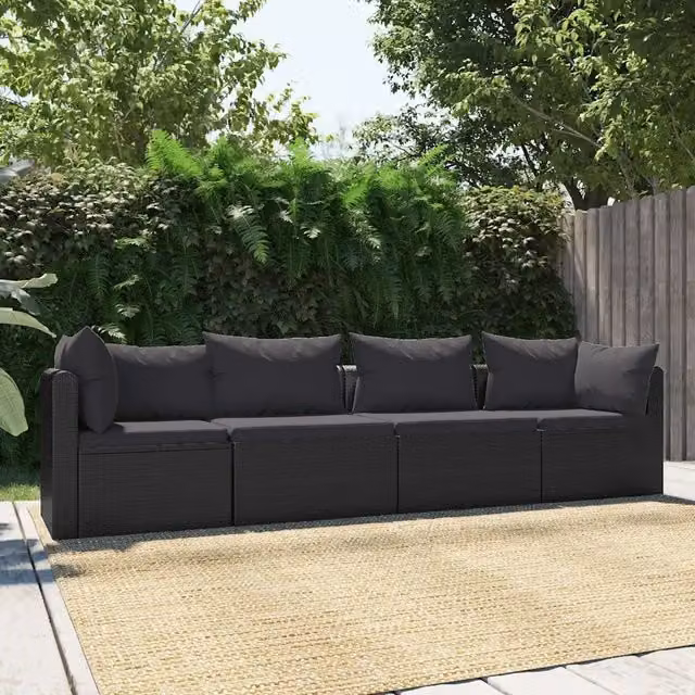 Set Divani da Giardino 4 pz con Cuscini in Polyrattan Nero 46558