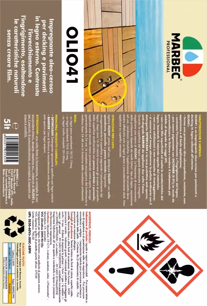 Impregnante per legno esterno Marbec OLIO41 trasparente 5 l – 2