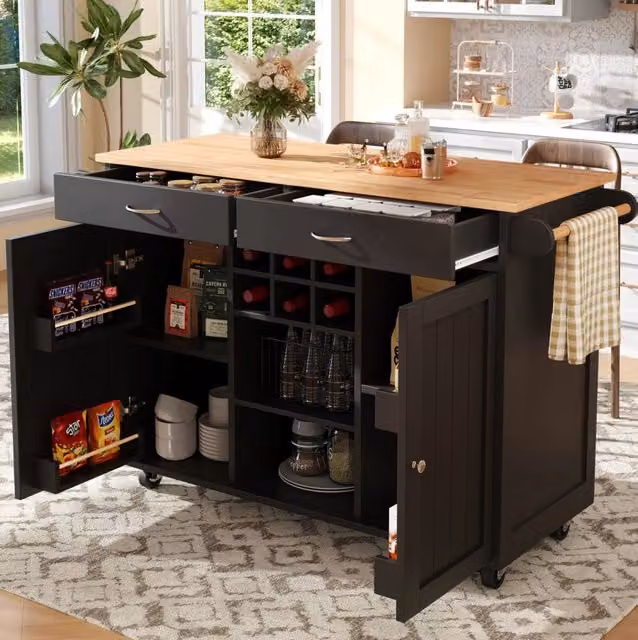 Isola cucina moderna con ripiani e ruote 102x45x92 cm, struttura in MDF e metallo effetto legno nero