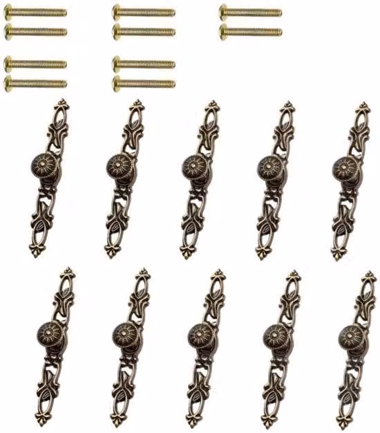 Set di 10 maniglie vintage Unyqoos® – lega di zinco, finitura effetto ottone anticato, maniglie per armadi e cassetti, complete di 3 diverse lunghezze di viti per un montaggio flessibile