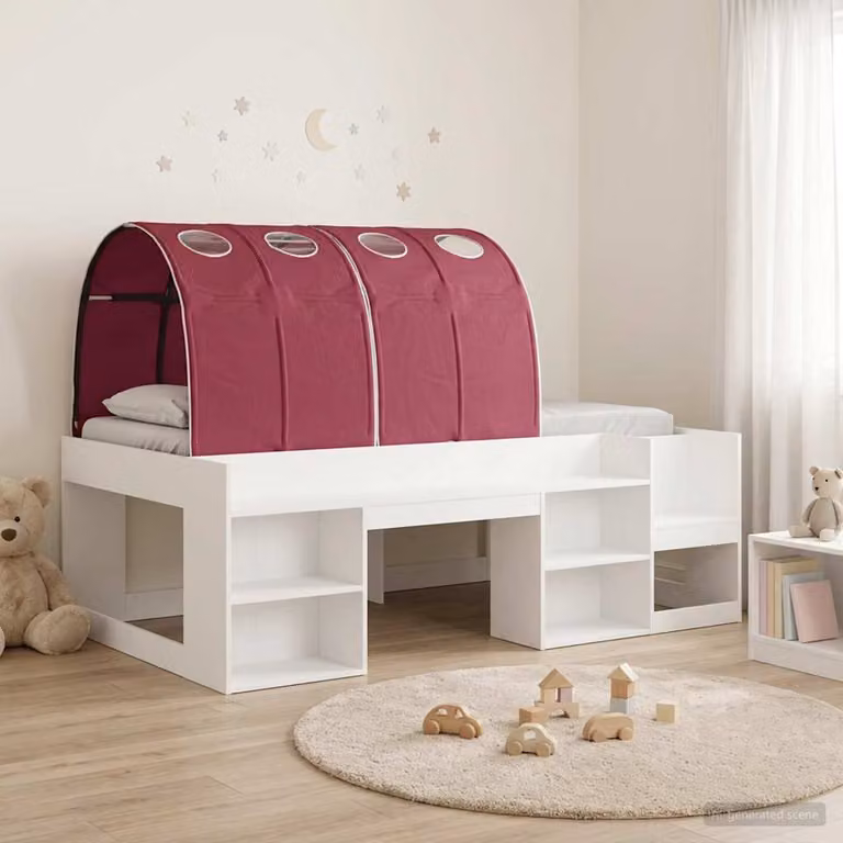 Letto singolo per bambini vidaXL con struttura a casetta e tunnel, Bianco e Rosso, L/P/H: 200 x 100 x 127 cm