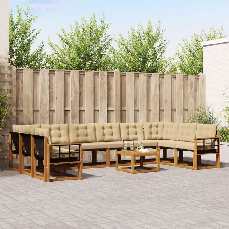 Set di divani da esterno vidaXL 11 pezzi in legno di acacia e textilene, colore marrone e beige, con divano a 3 posti, elemento angolare, tavolino da caffè e cuscini inclusi