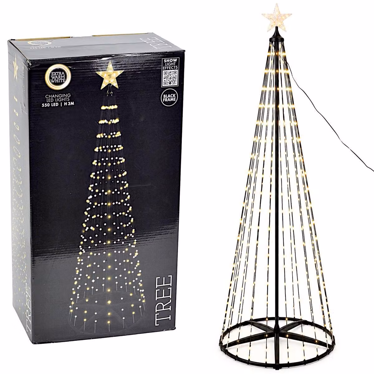 Albero di Natale a LED, 300 cm di altezza, 550 LED, luce bianco caldo, con telecomando e trasformatore IP44, colore nero, adatto per interni ed esterni