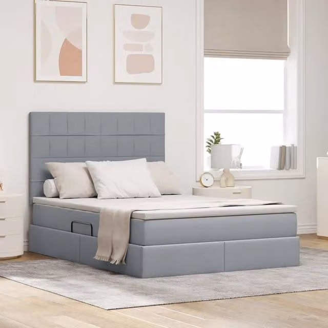 Letto con contenitore e materasso vidaXL in tessuto Grigio, con illuminazione LED e porte USB, L/P/H: 190 x 140 x 44 cm
