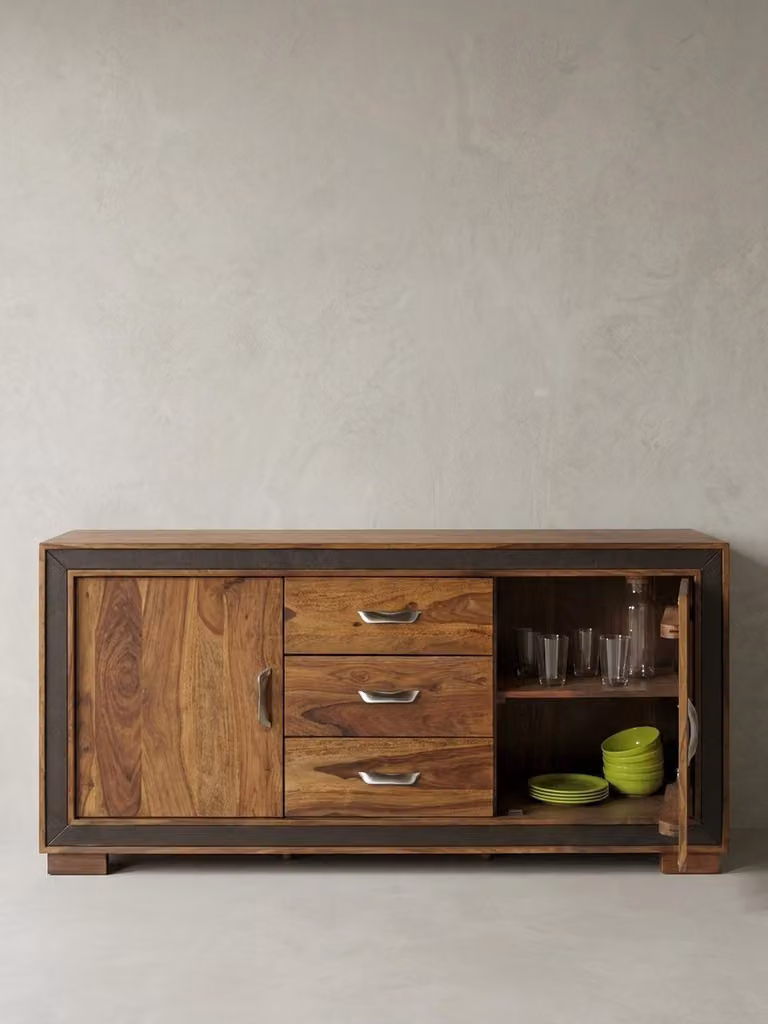 Credenza rustica, legno massiccio di Sheesham, Similcuoio. 160x44x80 cm | Kadima Design