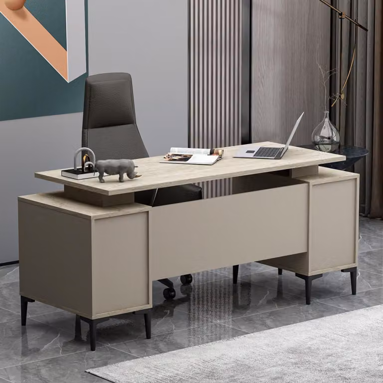 Homidea Branco: Scrivania direzionale - Scrivania moderna con spazio contenitivo (beige-travertino)