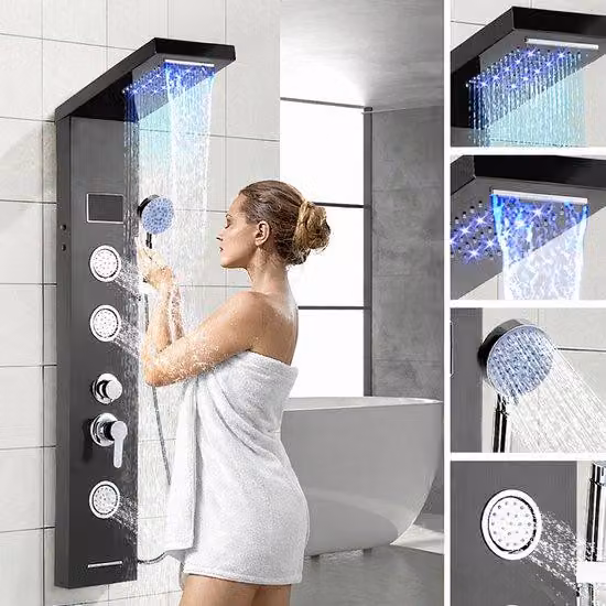 Doccia idromassaggio con funzione massaggiante - Doccia a pioggia con getti massaggianti - con 5 funzioni idriche - con display LCD - doccetta - soffione nero - miscelatore termostatico