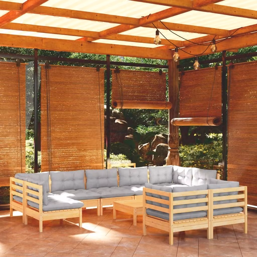 The Living Store Set da giardino da 10 pezzi con cuscini grigi in legno di pino massiccio