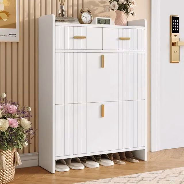 Scarpiera moderna OKWISH per ingresso in MDF bianco con 2 ante a ribalta, 1 cassetto e vano aperto, L: 75 cm, P: 24 cm, H: 108,5 cm