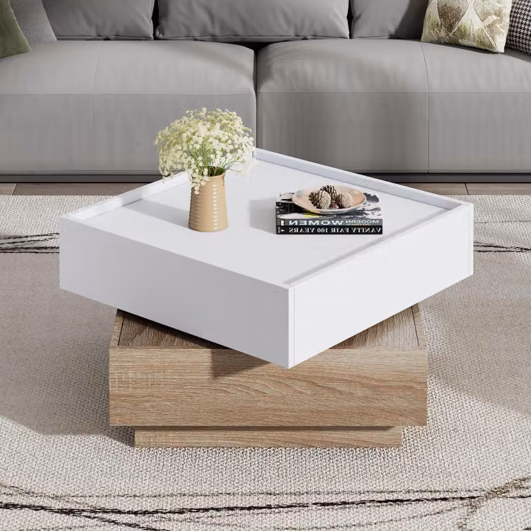 Tavolino da salotto funzionale Sweiko, girevole a 360°, piano girevole con 2 ripiani e mobiletto portaoggetti, tavolino con struttura in noce per il soggiorno, bianco, 60x60x38cm