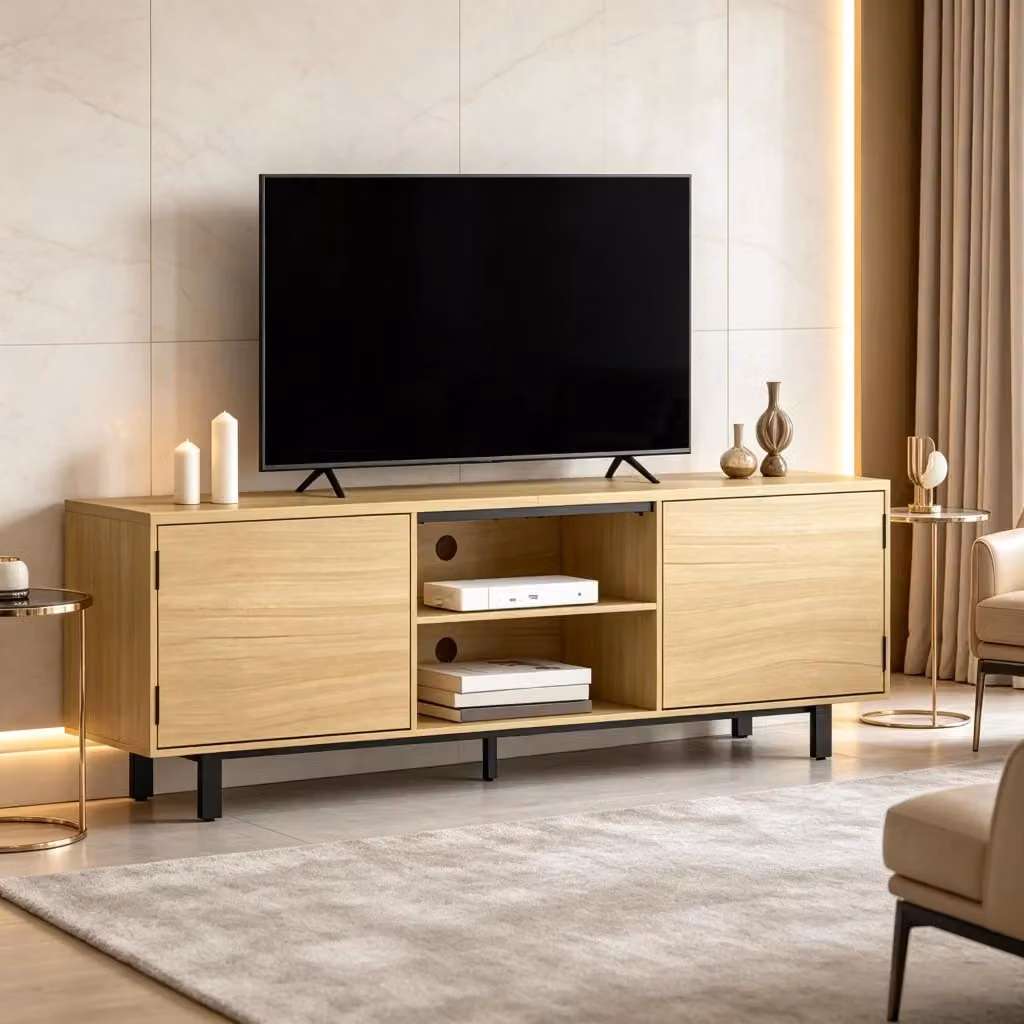 Mobile TV WISHDOR moderno in legno e metallo, beige e nero, L: 160 cm, P: 35 cm, H: 55,5 cm – 2