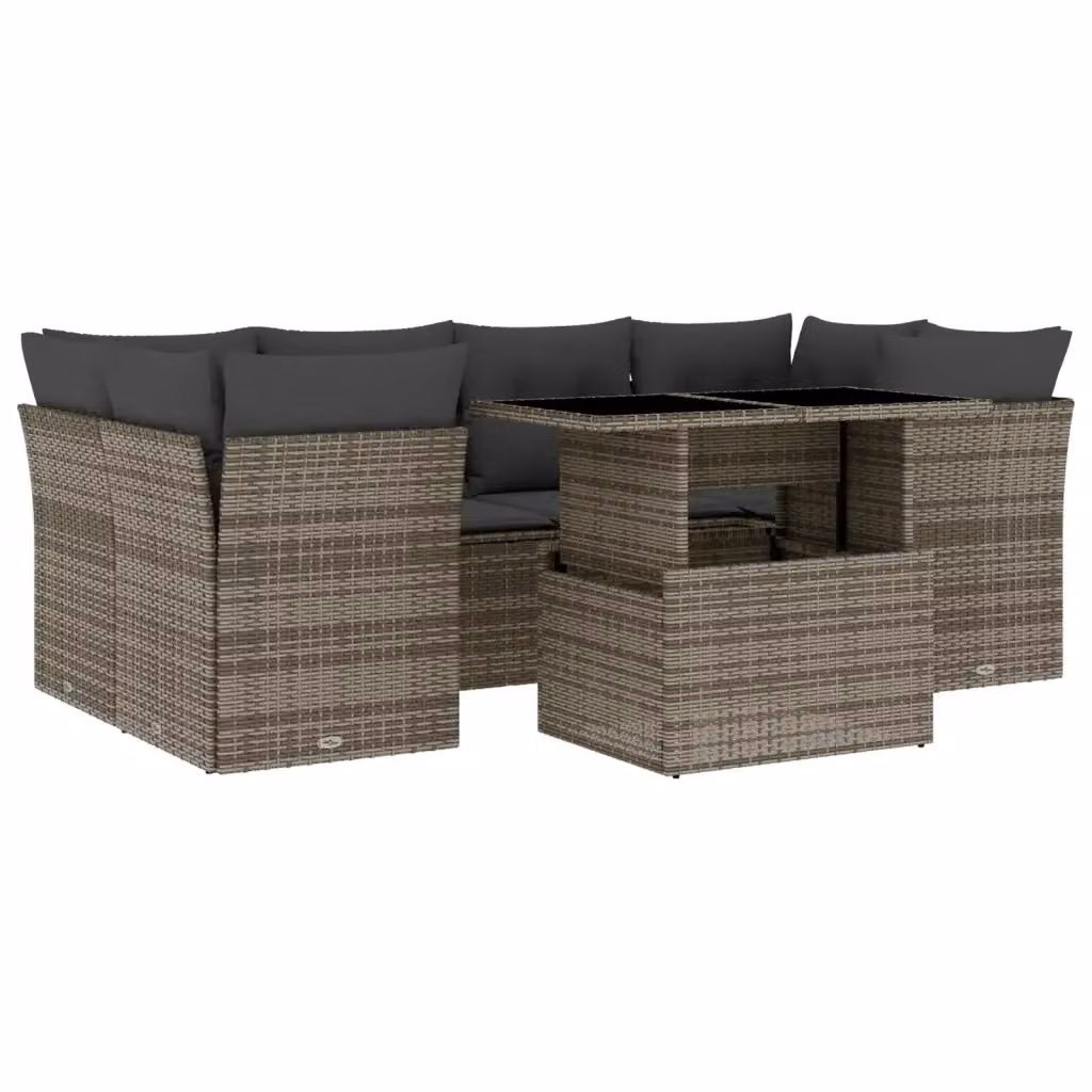Set di divani da giardino vidaXL in polyrattan grigio con 7 pezzi, cuscini inclusi e tavolino da caffè – 2