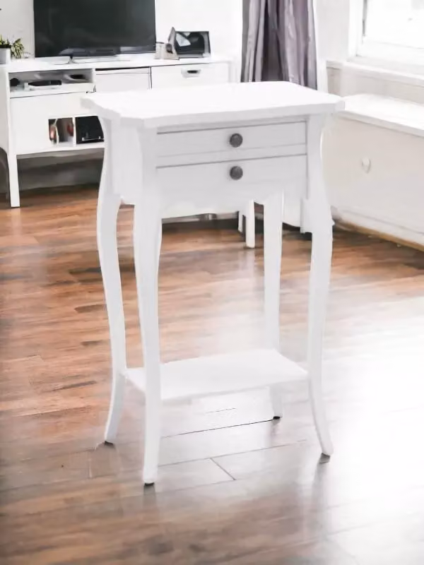 Comodino in legno shabby chic bianco opaco con 2 cassetti e porta telefono Mobili 2G L/P/H: 45 x 35 x 70 cm – 2