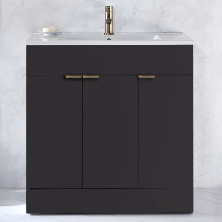 Mobile Bagno a Terra Grigio Nero da 810mm con Lavabo e Maniglie Nere con Impugnatura a Dito - Cluo
