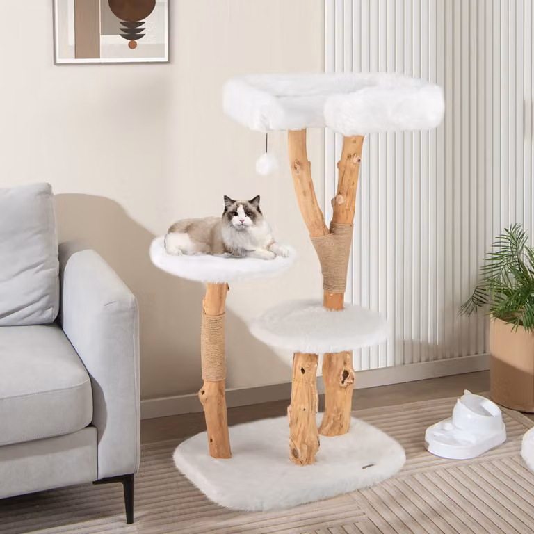 Albero per gatti Costway in legno con piattaforma e pali in corda di juta, torre per gatti in peluche bianco, Altezza: 110 cm