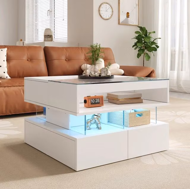 Tavolino da salotto moderno MODFU con piano sollevabile in vetro bianco e trasparente L: 70 cm, P: 67 cm, H: 57 cm