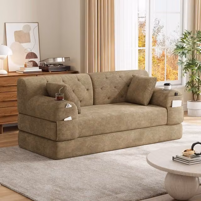 Divano letto 168.0x80.0x81.0 cm con schienale alto; 4 tasche laterali e 2 portabicchieri in velluto a coste kaki