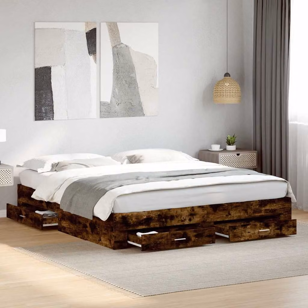 vidaXL Giroletto con Cassetti in Legno Multistrato e MDF, Rovere Fumo, 180x200 cm – 1