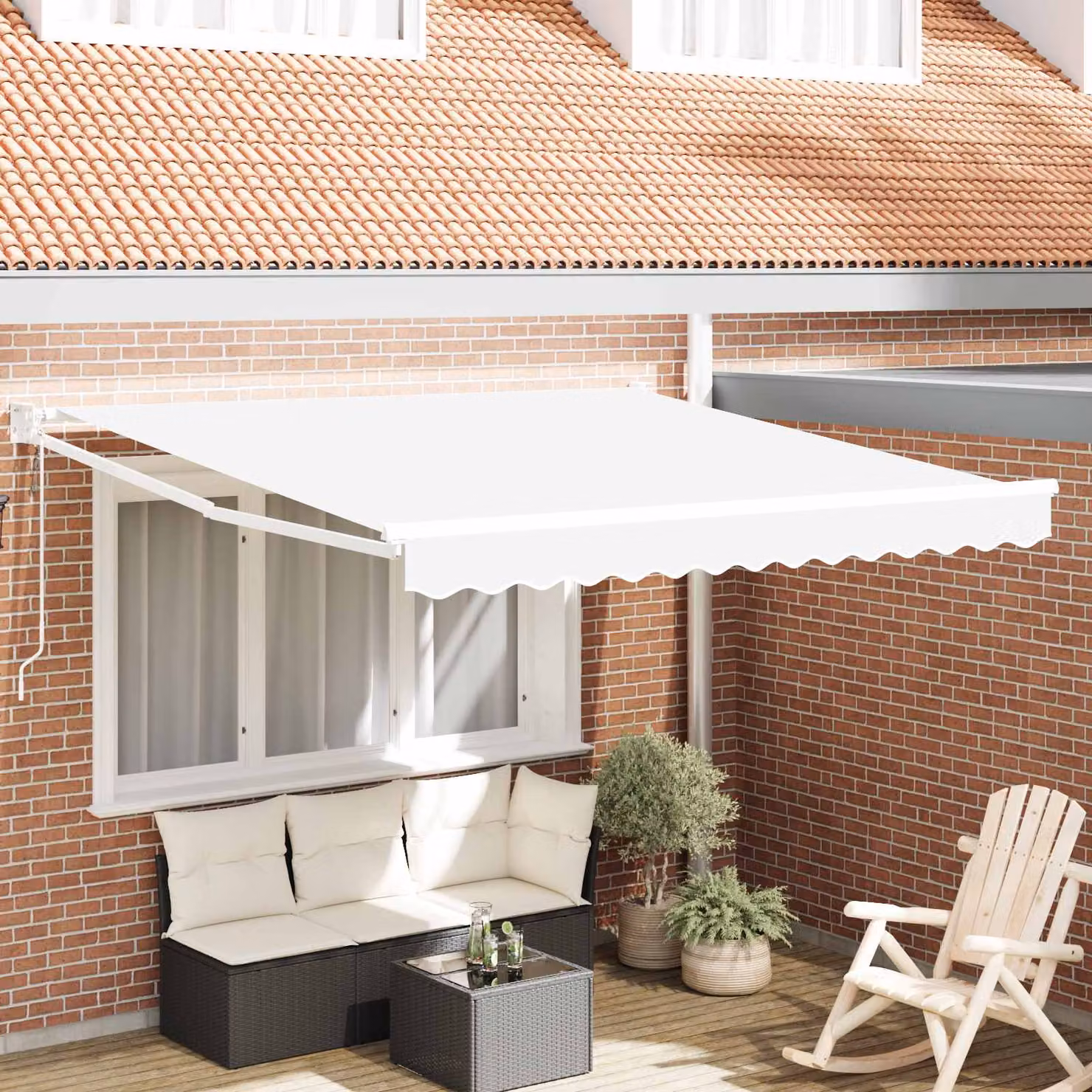 Tenda retrattile vidaXL bianca con bracci pieghevoli in metallo e poliestere, L: 350 cm, P: 250 cm