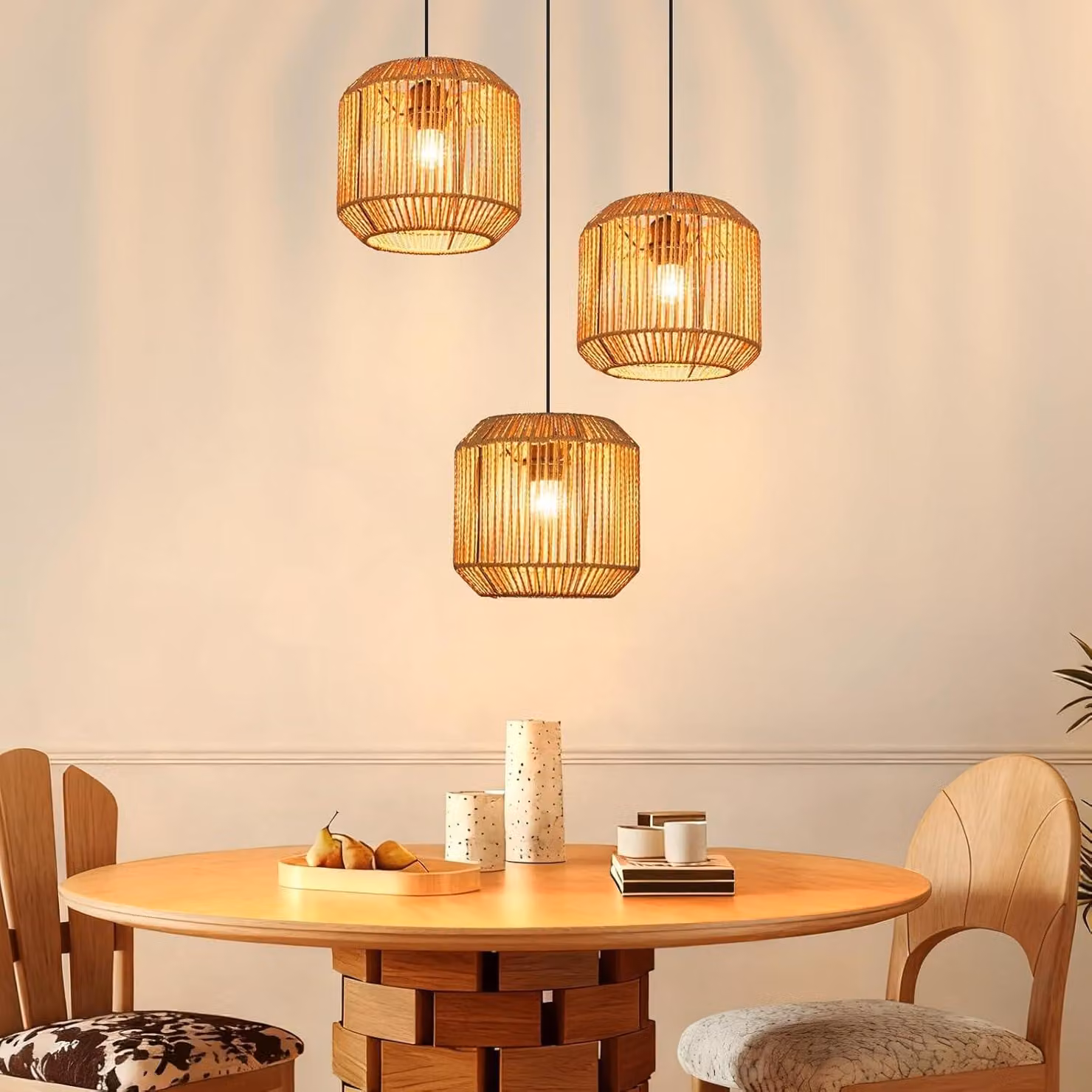 ZMH lampada a sospensione boho lampada a sospensione in rattan altezza regolabile 3 fiamme lampada da tavolo con attacco E27 per camera da letto senza lampadina