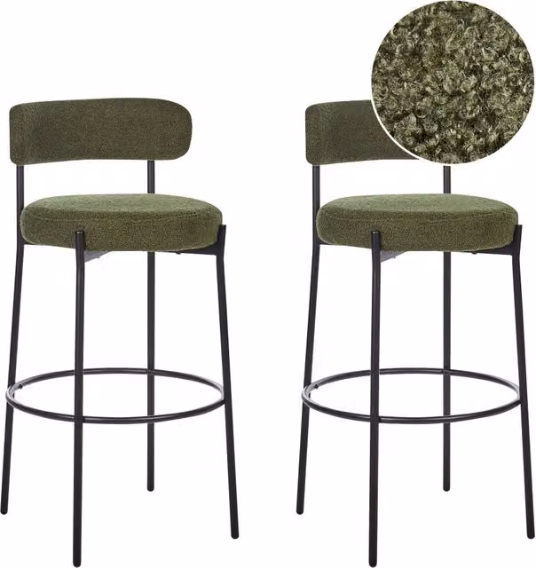 Set di 2 sgabelli da bar BELIANI in tessuto bouclé verde scuro con gambe in metallo nero opaco design moderno per cucina e sala da pranzo – 1