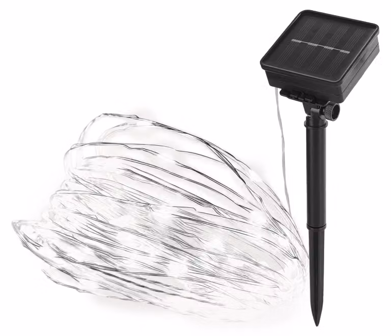 Catena luminosa solare, 120 LED, luce bianca neutra, lunghezza totale 12+3 metri, per uso esterno