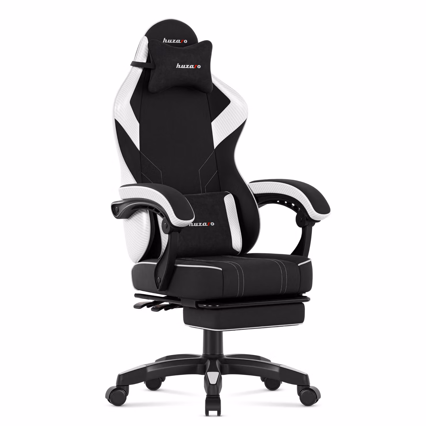 Sedia da gioco Huzaro Force 3.7 bianca, schienale regolabile, cuscino lombare e cervicale, poggiapiedi, braccioli morbidi, rotelle silenziose