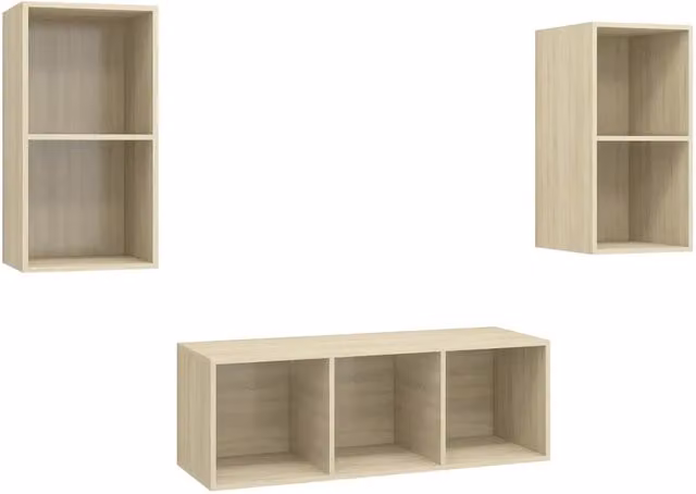 Set di 3 pezzi Mobile Porta TV Moderno Design In in Rovere Sonoma e Beige, con Armadietto da parete in MDF