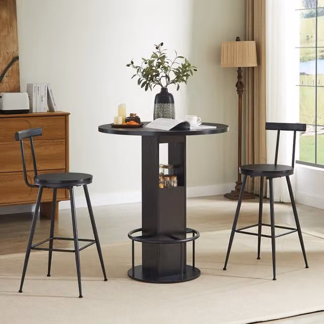Set Tavolo Alto Rotondo Minimal con 2 Sgabelli in Legno e Metallo Nero, Piano 80 cm