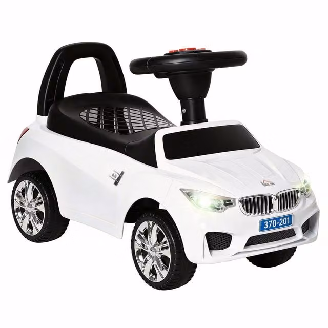 Macchinina Cavalcabile HOMCOM con Volante, Fari e Musiche per Bambini dai 18 ai 36 Mesi, Bianco