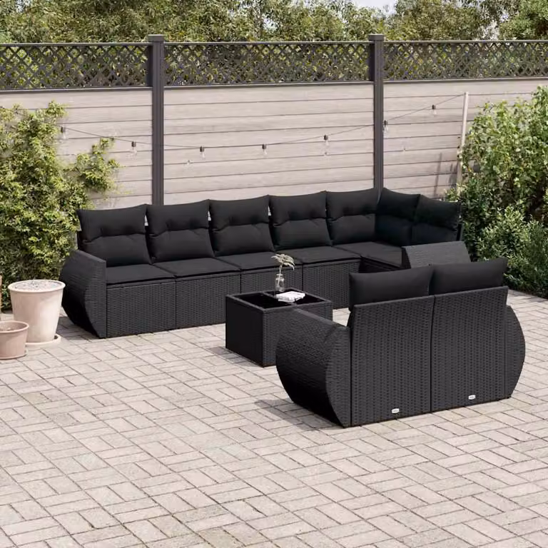 Set di divani da giardino vidaXL a forma di L composto da 9 pezzi con cuscini e tavolino da esterno in polyrattan nero