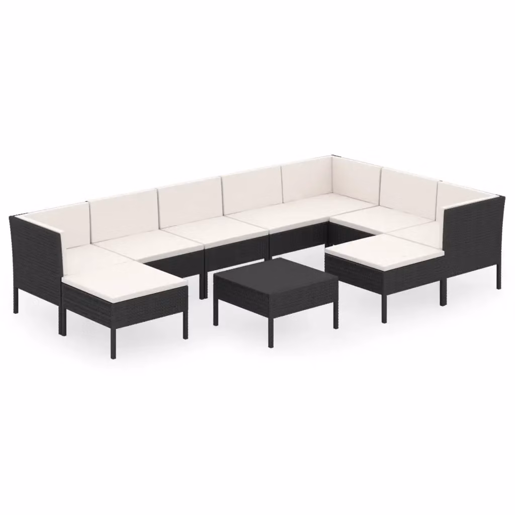 Set da giardino vidaXL composto da 10 pezzi con divani a tre posti, elementi angolari, pouf e tavolino da caffè in rattan nero e struttura in acciaio con cuscini inclusi – 2