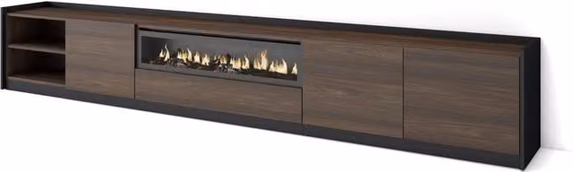 Mobile TV Soggiorno, 310x50x37 cm, Per TV fino a 80", Camino elettrico, Rovere scuro e Nero