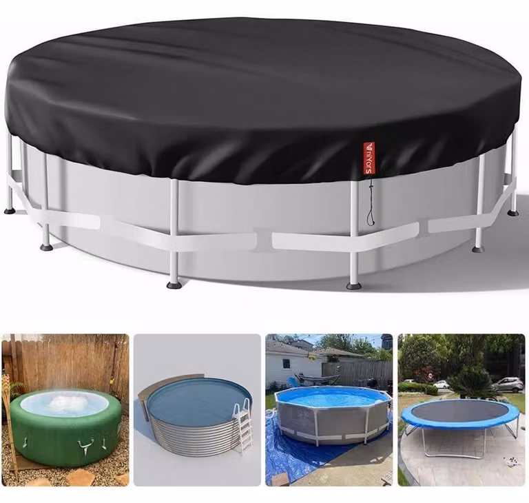 Copertura per piscina, forma circolare, diametro 244 cm, colore nero, tessuto Oxford 420D, protezione UV, cordoncino di serraggio, picchetti per il fissaggio al fondo