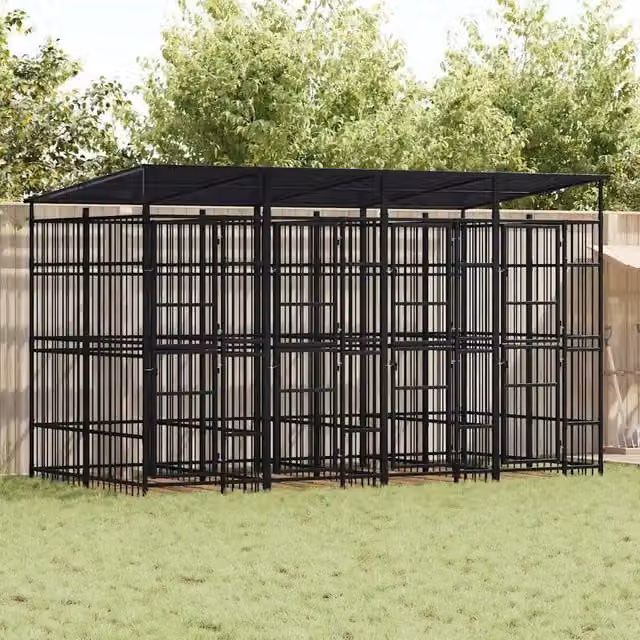 Gabbia per cani da esterno vidaXL in metallo nero con tetto resistente alle intemperie 7,37 m²