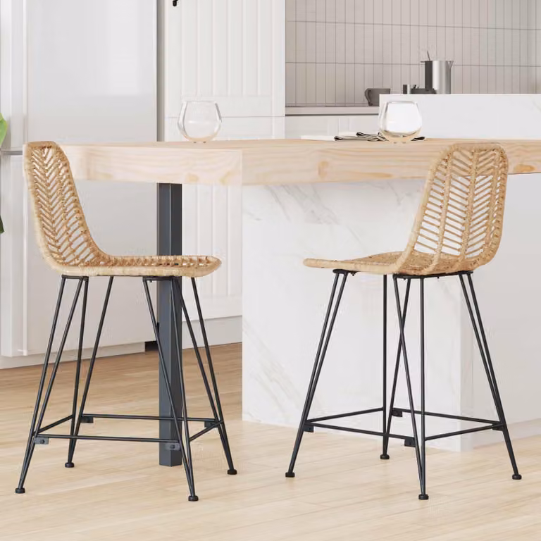 Set di 2 sedie da bar vidaXL in rattan e metallo, colore naturale beige e marrone, L: 44,5 cm, P: 54,5 cm, H: 97,5 cm