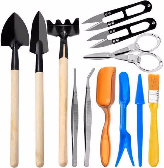 Set da giardinaggio mini Unyqoos® da 12 pezzi per bonsai e piante da interno – include attrezzi da taglio, pennello e borsa per il trasporto, leggero e facile da trasportare per il rinvaso, la zappatura e il diradamento del terreno