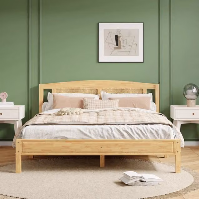 Letto matrimoniale 160x200 cm in pino e rattan PE naturale con 15 doghe
