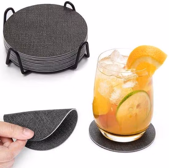 Set di sottobicchieri in Pelle finta e vetro, 12 pezzi, double-face, antiscivolo, lavabili, grigi