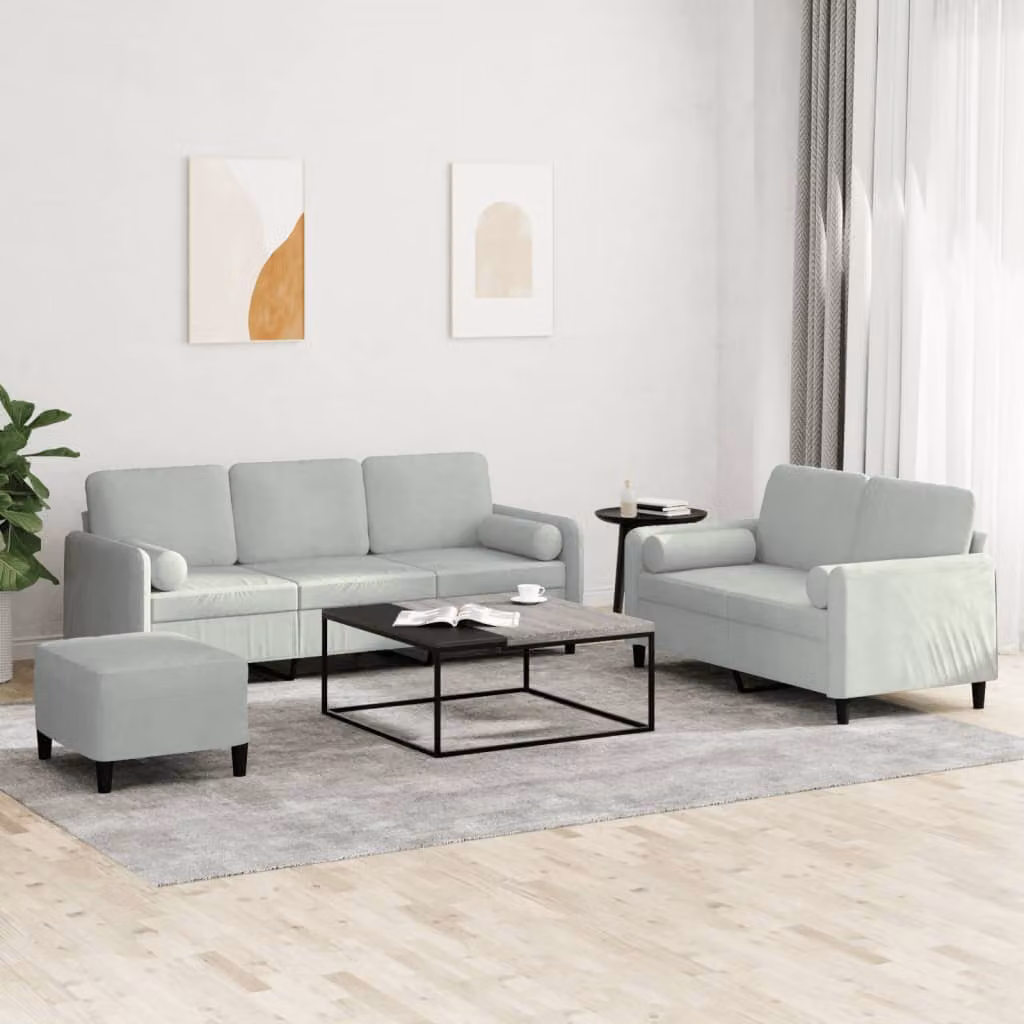 Set di divani vidaXL 3 pezzi in velluto grigio con pouf e cuscini per soggiorno moderno