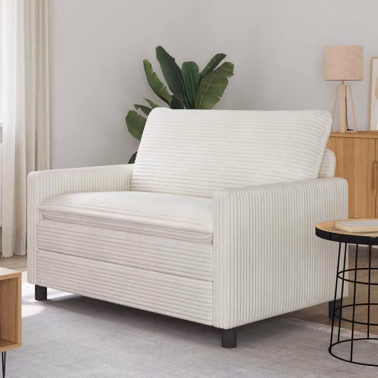 Divano moderno vidaXL color beige con rivestimento in tessuto e struttura in metallo, L: 126 cm, P: 81 cm, H: 87,5 cm