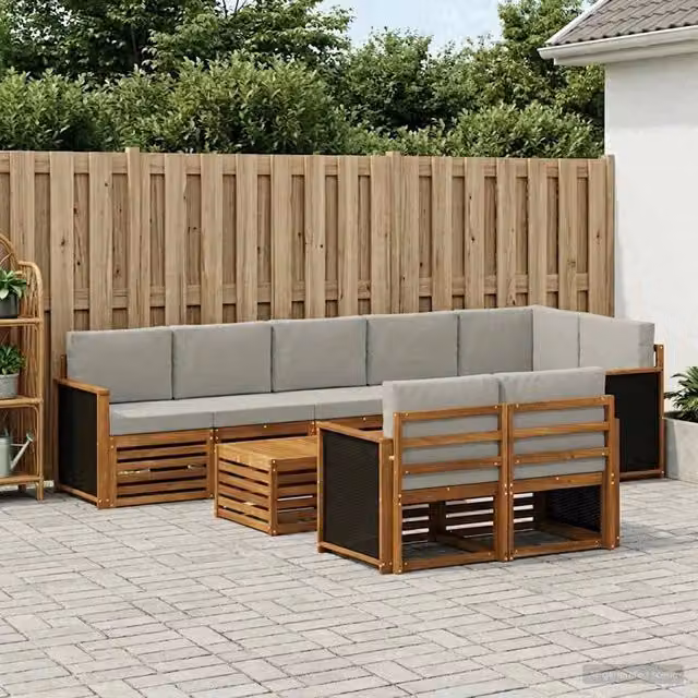 Set di divani da esterno a L vidaXL in legno di acacia con tavolo da caffè e cuscini, Marrone e Grigio