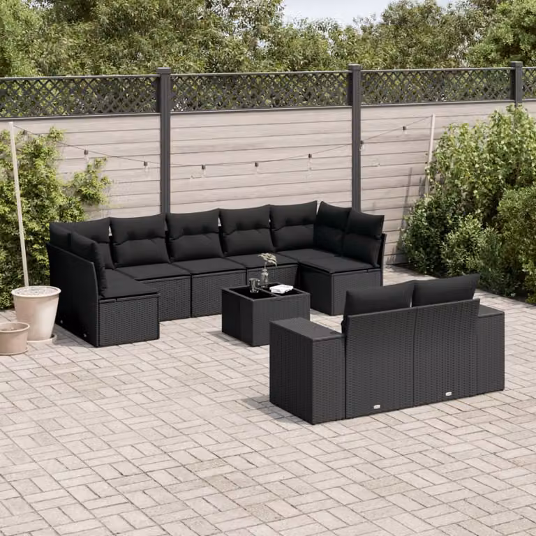 Set di divani da giardino vidaXL a forma di L composto da 10 pezzi con cuscini in polyrattan e tavolino da esterno nero